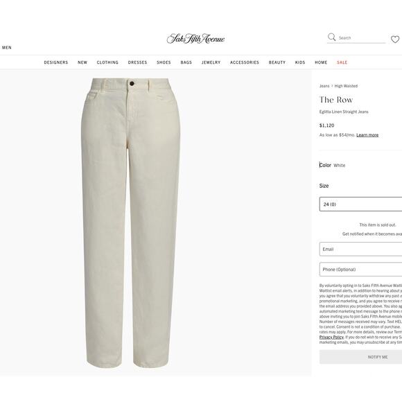 The Row Eglitta 100% Linen Straight Jeans 24 NWOT - Picture 1 of 14